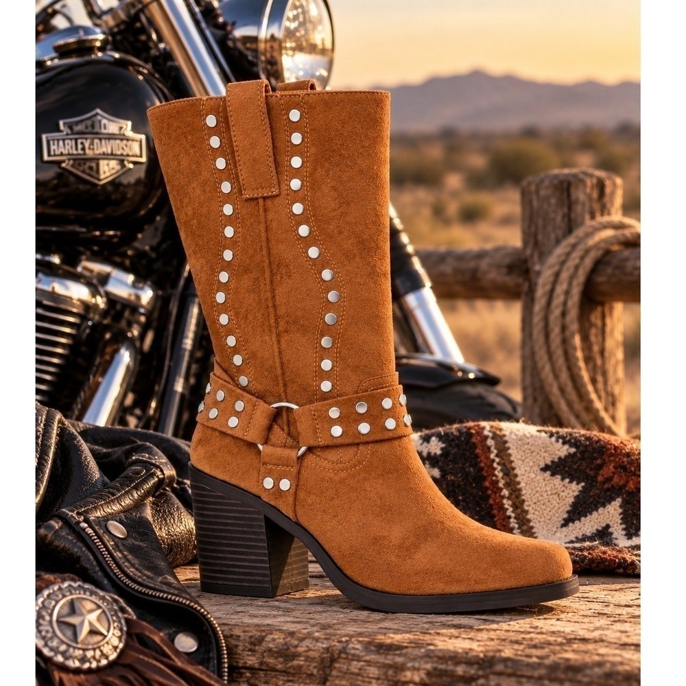 Moto Western Studded Boots Square Toe Cognac Brown Women's Size 10 New NWT